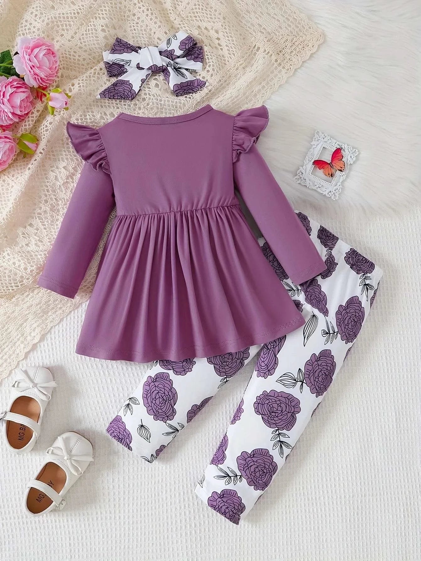 0-3 Years Baby Girl 3PCS Clothes Set Purple Short Sleeved Top+Floral Pants+Headband Fashion Toddler Girl Summer Daily Outfits - M & M Global