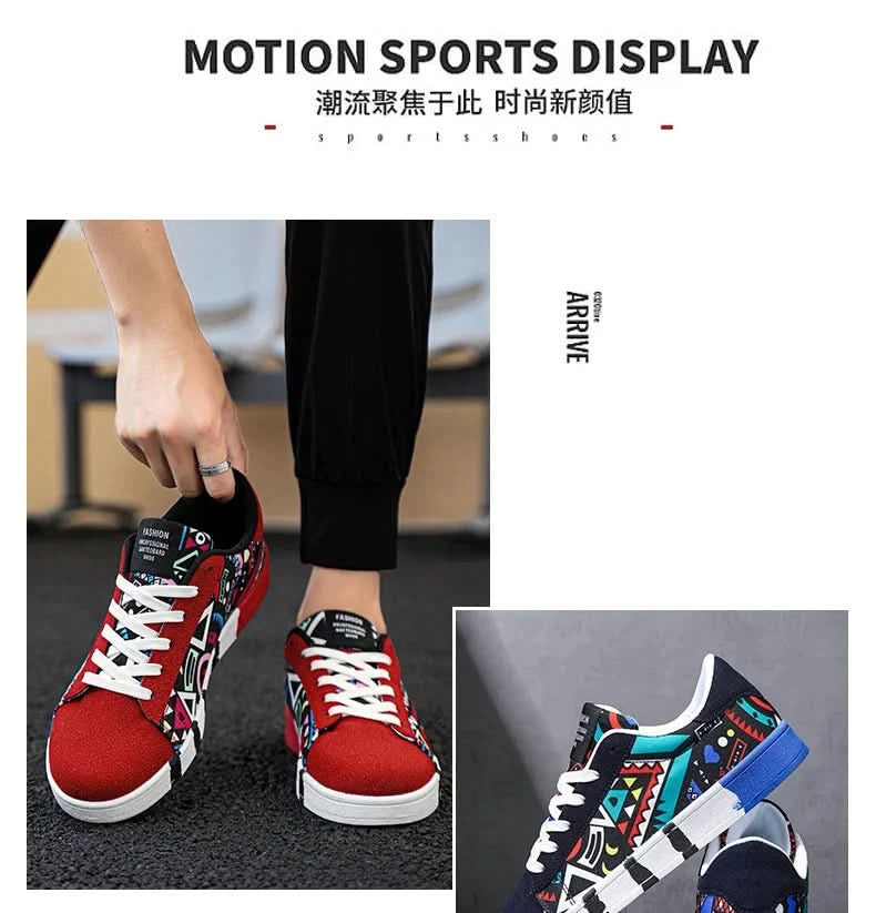 YRZL Men's Sports Running Shoes Canvas Geometric Style Lace-Up Sneakers Couples' Fashionable Graffiti Print Skate Shoes Men - M & M Global