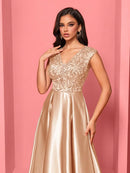 New Luxury Gold Satin V-Neck Sequins Embroidery Formal Evening Dresses Women Long Elegant Wedding Party A-line Cocktail Gowns