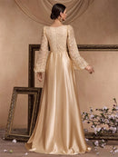 Luxury Beading Gold V-Neck Sequins Satin Evening Dresses Women Elegant Long Sleeve Wedding Party Prom Cocktail Gowns