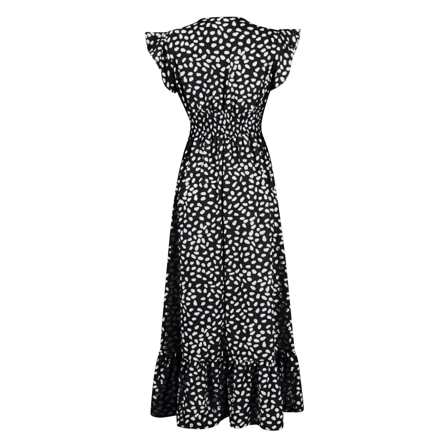 Polka Dot Dress For Women Sexy V-Neck Long Dress Casual And Fashionable Ruffle Edge Short Sleeved High Waisted Dress - M & M Global