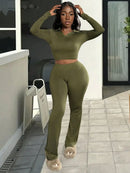 2025 Newest Women's Two-Piece Set Casual Comfortable V-Neck Ribbed Knit Solid Color Long Sleeve Top and Pants