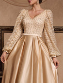 Luxury Beading Gold V-Neck Sequins Satin Evening Dresses Women Elegant Long Sleeve Wedding Party Prom Cocktail Gowns
