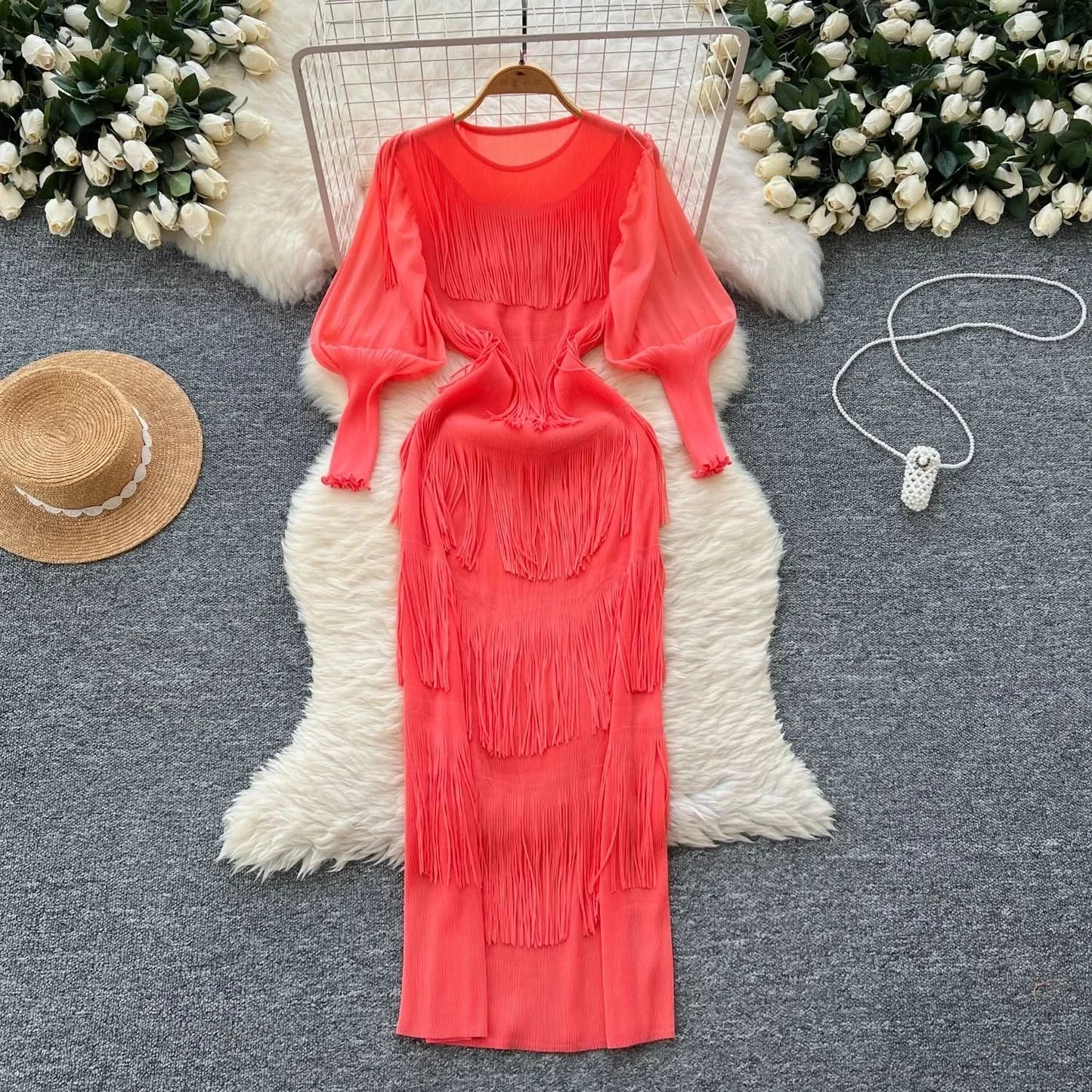 Vintage O-Neck Elegant Long Lantern Sleeve Chic Tassel Slim Long Dress French Fashion Evening High Street Autumn Winter Clothing - M & M Global