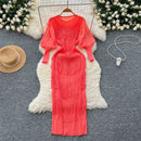 Vintage O-Neck Elegant Long Lantern Sleeve Chic Tassel Slim Long Dress French Fashion Evening High Street Autumn Winter Clothing - M & M Global
