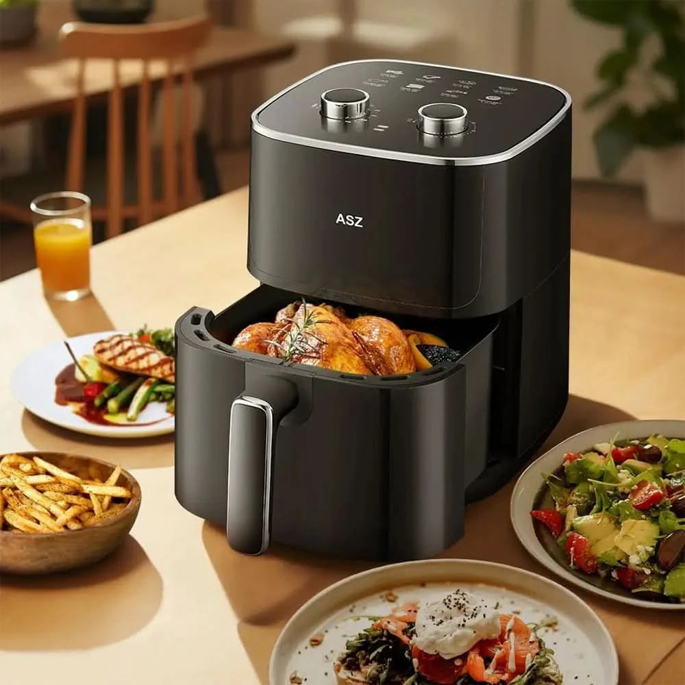 5qt Air Fryer Compact Knob Black for dorm office - 4.7L Airfryer with Window 1400W Visual Basket - Non-Stick Pan, Manuel Control - M & M Global