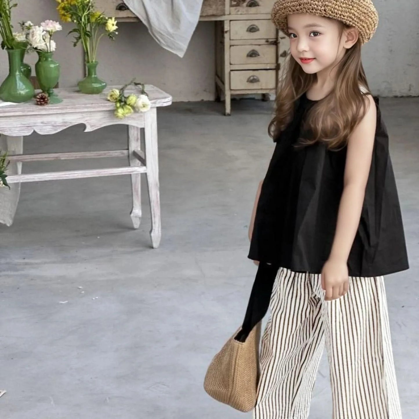 2PCS/set Vest+Striped Wide Leg Pants Summer Daily Simple Sleeveless Children's Clothing For 1 to 8 Years Old - M & M Global
