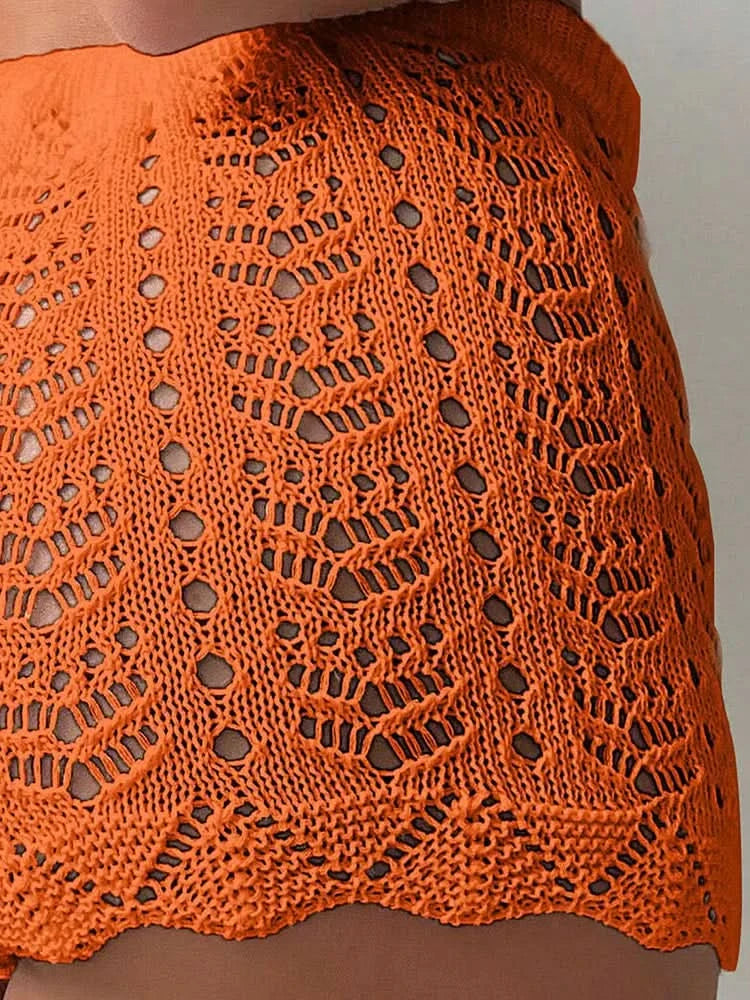 Polyester100.00% Hollow Drawstring Open Waist Knitted Bikini Blocked Women's Shorts - M & M Global