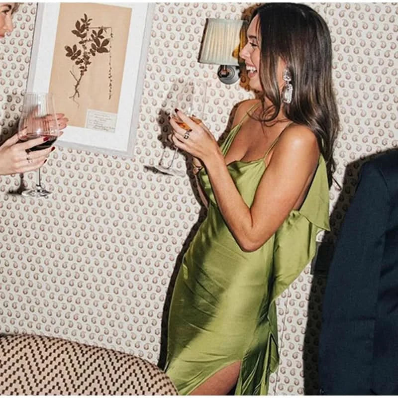 Elegant Green Satin Ruffles Sling Long Dress Women Sexy Backless Sleeveless Split Slim Dresses Lady 2025 New Party Club Vestidos - M & M Global