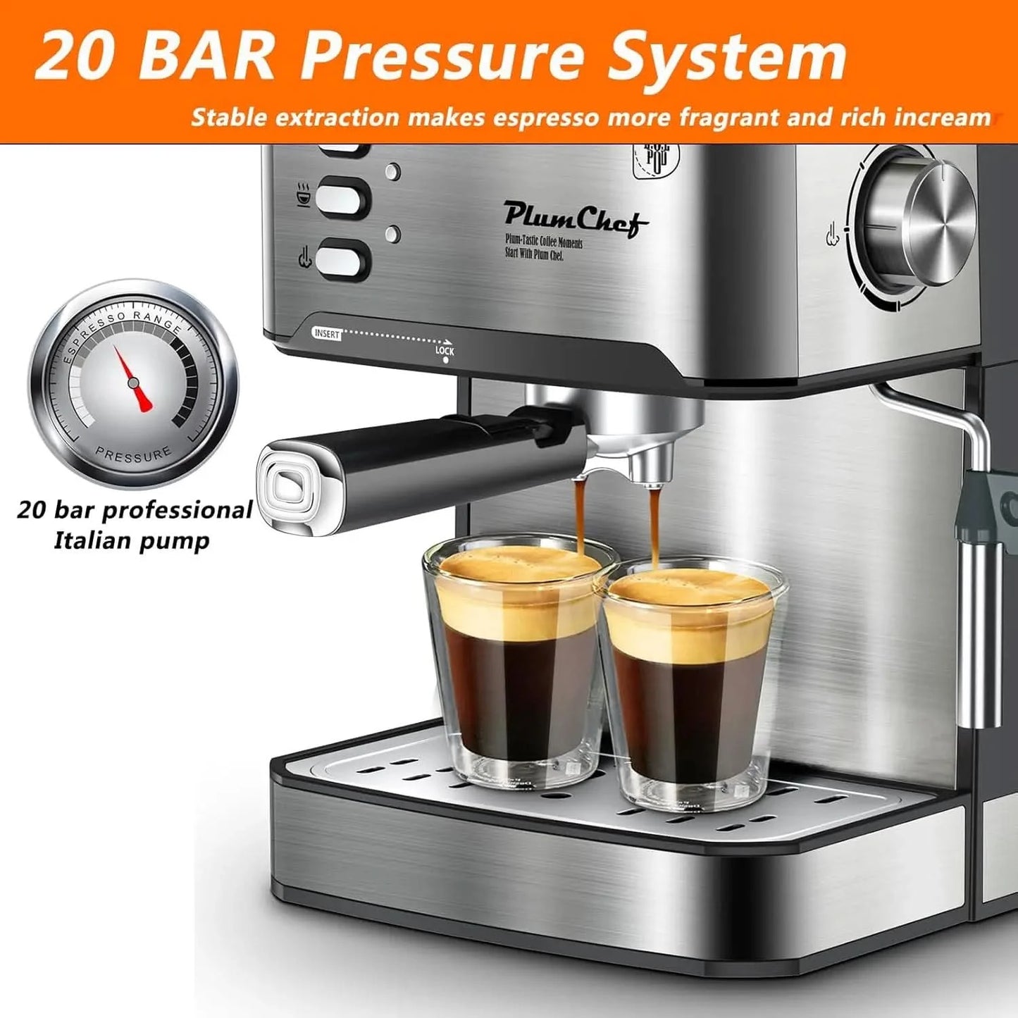 Espresso Machine 20 Bar Professional Compact Homehold Coffee Espresso Maker with Milk Frother Steam Wand 54oz Water Tank Low Noi - M & M Global