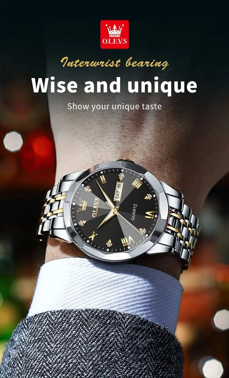 OLEVS Men's Watches Causal Fashion Original Quartz Watch for Man Waterproof Stainless Steel Luminous Date Week Trend Dress Reloj - M & M Global