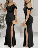 Summer Women's Strappy Sexy Slim Waist Slit Evening Dress