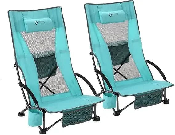 2-Pack Low Seating + 20° Reclining Folding Beach Chair w/Padded Headrest, Foam Armrest, Cup Holder, Carry Bag, 300 LBS Weight C