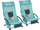 2-Pack Low Seating + 20° Reclining Folding Beach Chair w/Padded Headrest, Foam Armrest, Cup Holder, Carry Bag, 300 LBS Weight C