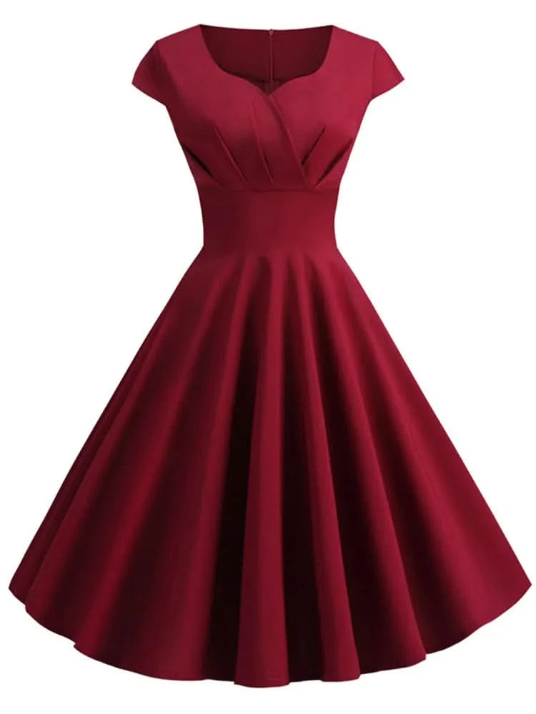 Pink Summer Dress Women V Neck Vintage Robe Elegant Retro pin up Party Office Midi Dresses - M & M Global