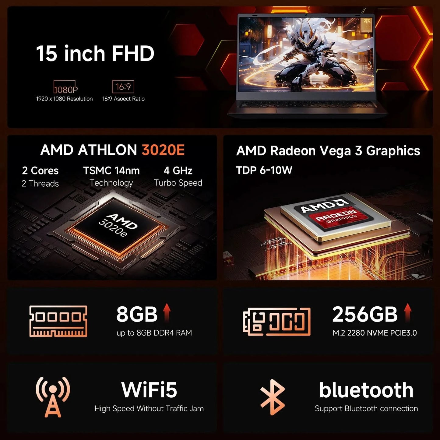 14 Inch Business Laptop Notebook PC CPU AMD3020E 8GB RAM 256GB SSD Storage Windows 11 Fingerprint Recognition Backlit Keyboard