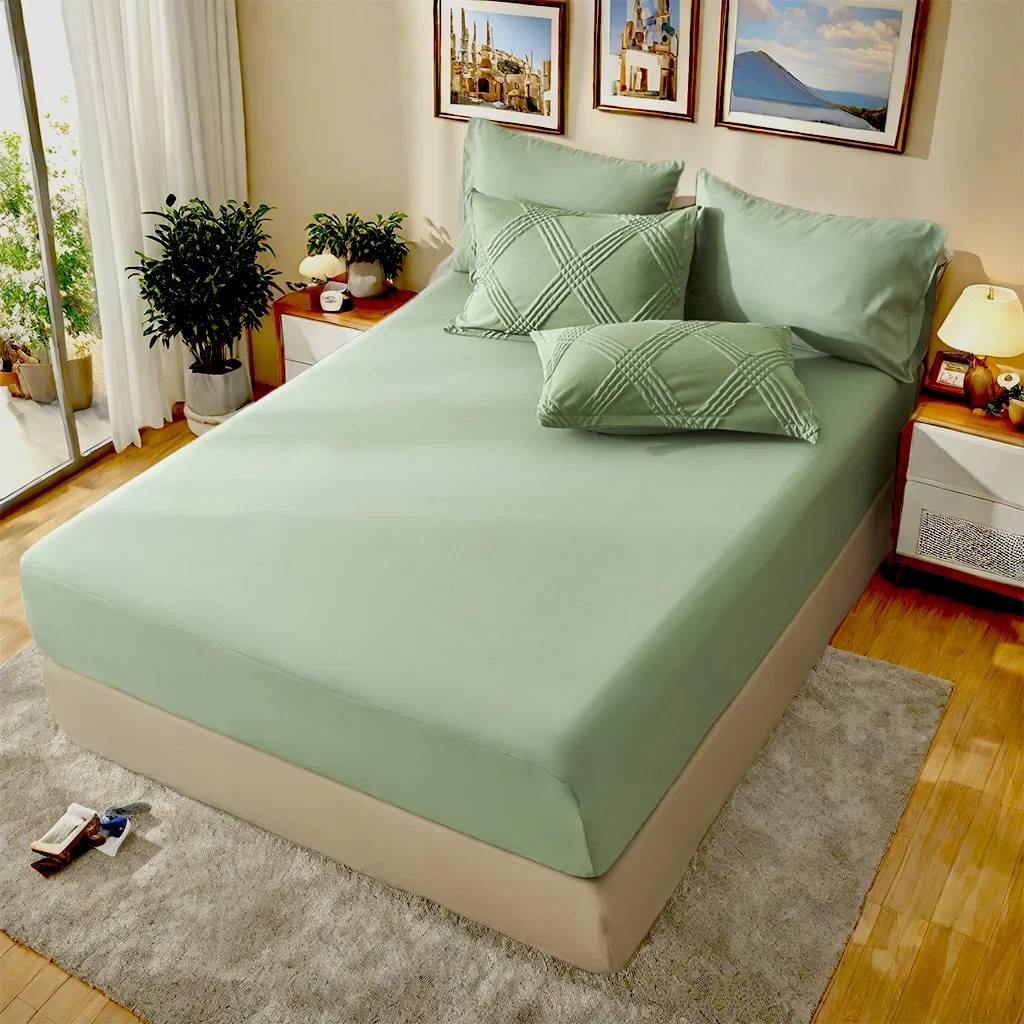 Bed with green bedding and pillows in a bedroom setting

7-piece comforter set

Brushed microfiber bedding

Ultra-soft quilt set

Lightweight comforter set

Machine washable bedding

All-season bedding set

Luxury bed set queen size

Bedding gift set

Modern bedroom decor