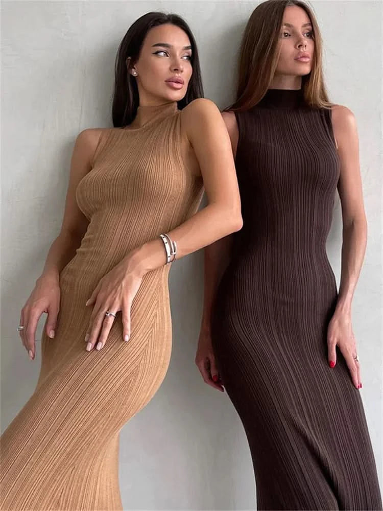 Tossy Sleeveless Knitwear Turtleneck Long Dress Female Slim Elegant Fashion Autumn 2023 Ribbed Knit Dress For Women Maxi Dress - M & M Global