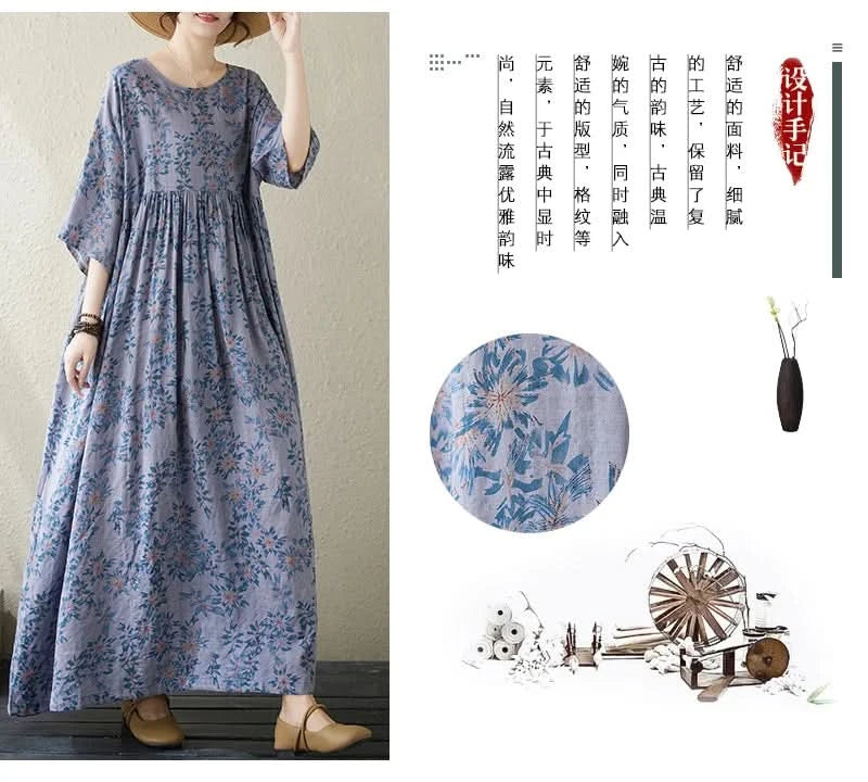 Oversized Summer Long Dress Women Floral Print Fashion Short Sleeve Ladies Dresses Casual Loose Ruffle Pleated Woman New Dress - M & M Global
