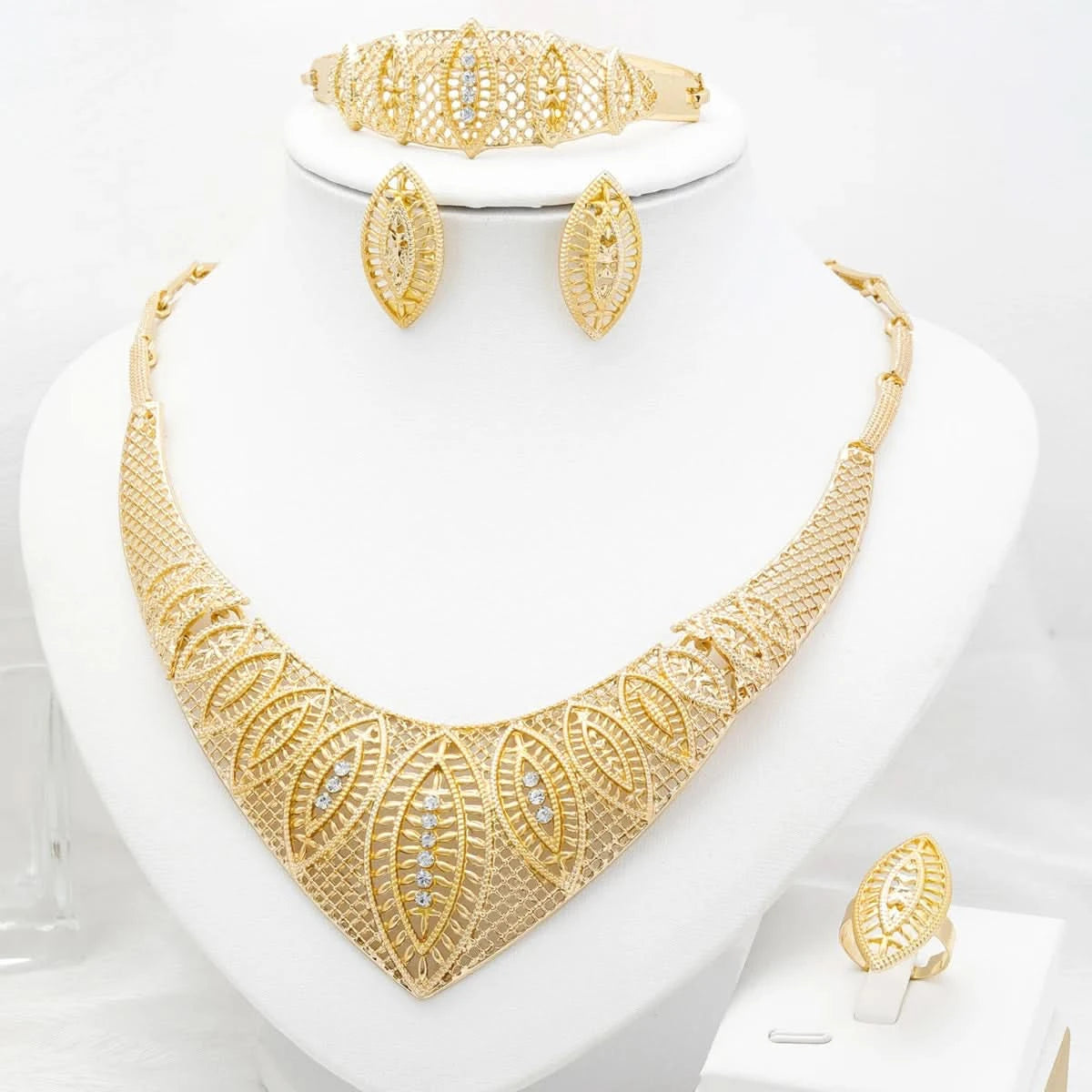 Jewelry Sets for Women Flower Pendant Necklace 18k Gold Plated Fashion Design Earring Bracelet Ring Sets Exquisite Gifts - M & M Global