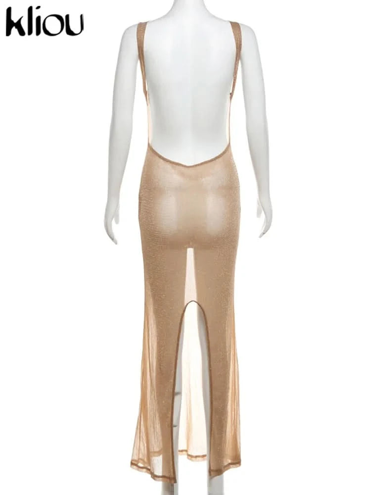kliou Shiny Long Dress Stunning Women Solid Summer Thin Mesh Sheer Backless Sleeveless Bodycon Female Elegant Fashion Vestidos - M & M Global