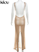 kliou Shiny Long Dress Stunning Women Solid Summer Thin Mesh Sheer Backless Sleeveless Bodycon Female Elegant Fashion Vestidos - M & M Global