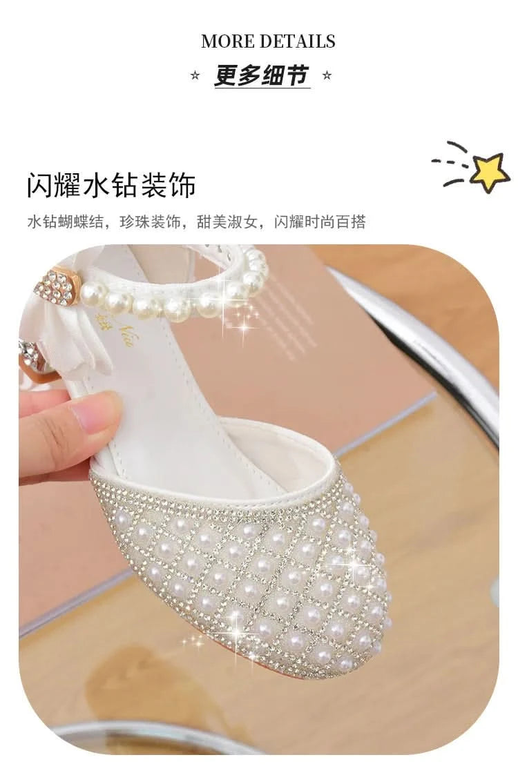 Rhinestones Princess Party Shoes Shiny Crystal Bow White Children High Heels Girls Sandals Summer Kids Student Performance Shoes - M & M Global