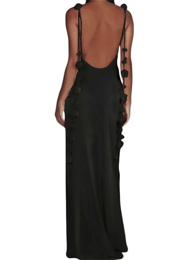 CHRONSTYLE Satin Backless Spaghetti Strap Long Dress for Women Sexy Backless 3D Flower Tassels Dress Party Cocktail Y2K Vestidos - M & M Global