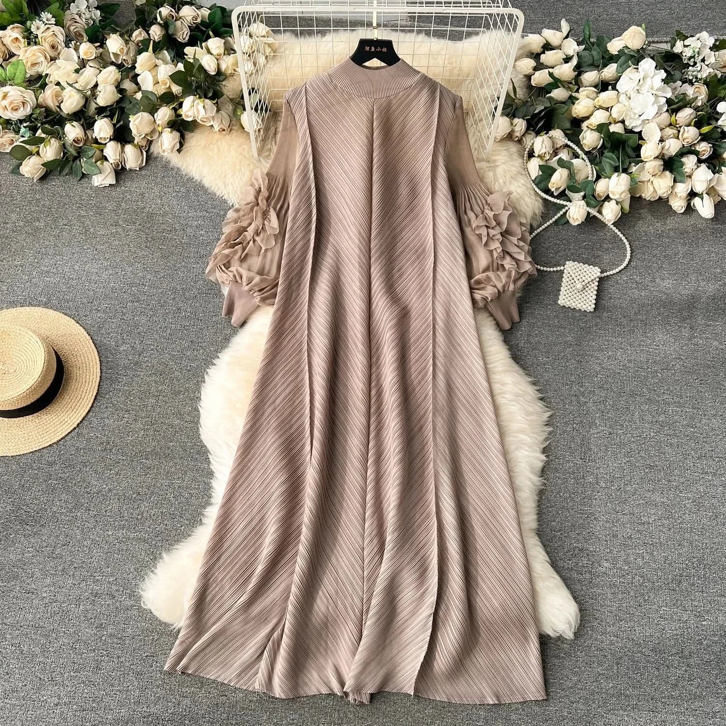 Sweet Pleated Vintage Three-dimensional Flower Loose Long Dress Chic Evening Korean Fashion Fashion Women Summer Dresses - M & M Global