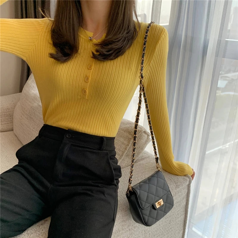 2025 Knitted Women Sweater Button O-neck Pullovers Spring Autumn Basic Sweaters for Female Pullover Slim Solid Bold Stripes Tops
