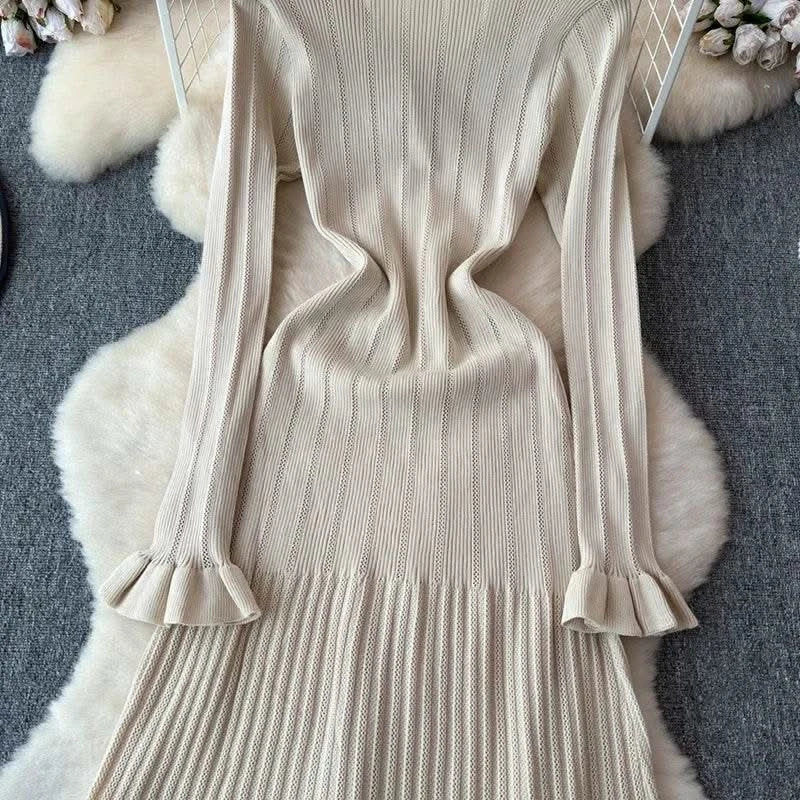 2024 Green Fashion Autumn Winter Knitted Long Dress French Style Letter Buttons Elegant Sweater Dress Lady Office Bodycon - M & M Global