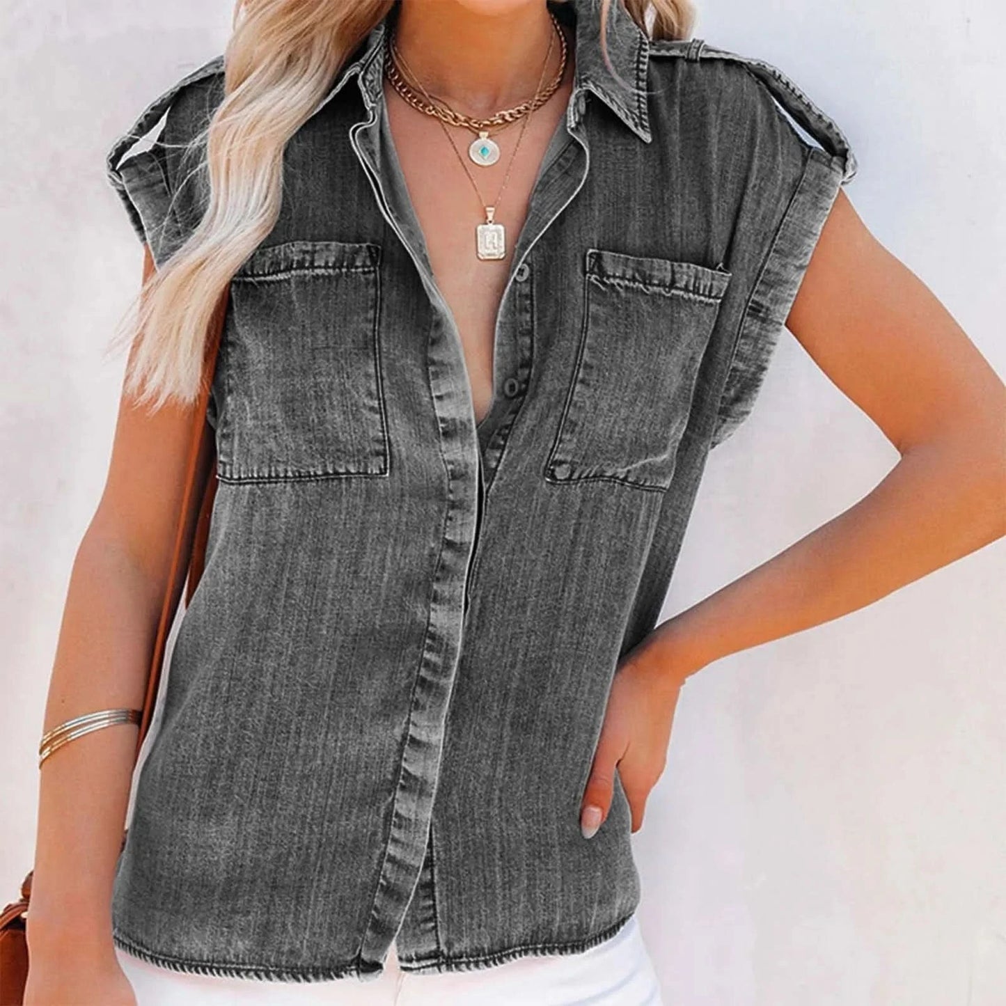 Elegant And Youthful Woman Blouses Summer Slimming Pure Color Retro Women'S Short Sleeve Denim Shirt Blusa Elegante Feminina - M & M Global