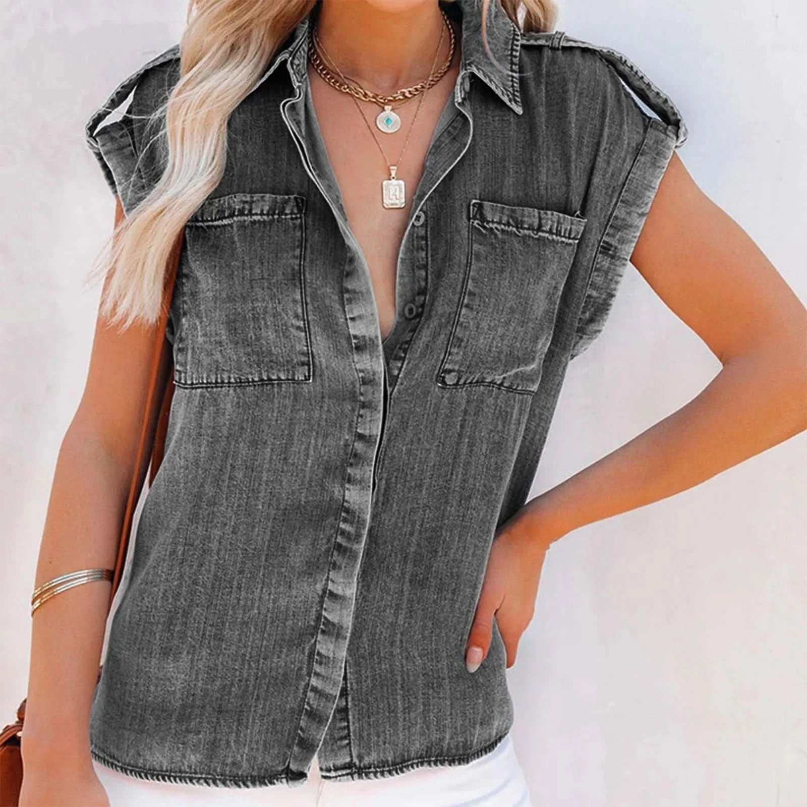Elegant And Youthful Woman Blouses Summer Slimming Pure Color Retro Women'S Short Sleeve Denim Shirt Blusa Elegante Feminina - M & M Global