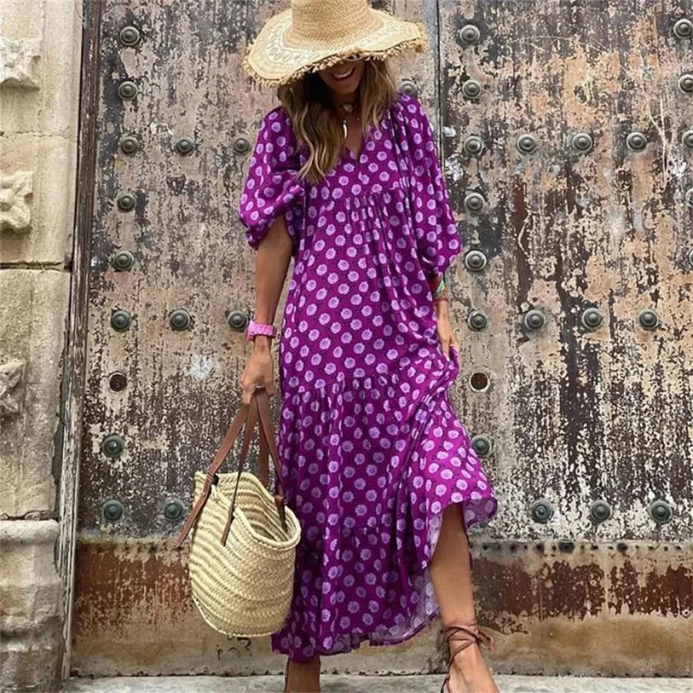 Summer Puff Sleeve Long Dress Women Geometric Print Half Sleeve Dress Boho V-Neck Loose Holiday Beach Dress Vestidos - M & M Global