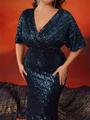 Plus Size Elegant V-Neck Sequins Evening Dresses Women Short Sleeve Luxury Wedding Party Floor Lenght Cocktail Gowns