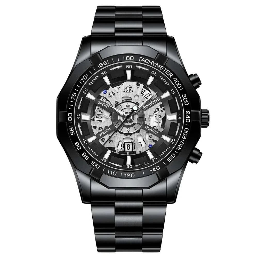 BINBOND Mens Quartz Watches Top Brand Luxury Stainless Steel Waterproof Hollow Out Blue Big Male Wristwatches Relogio Masculino - M & M Global