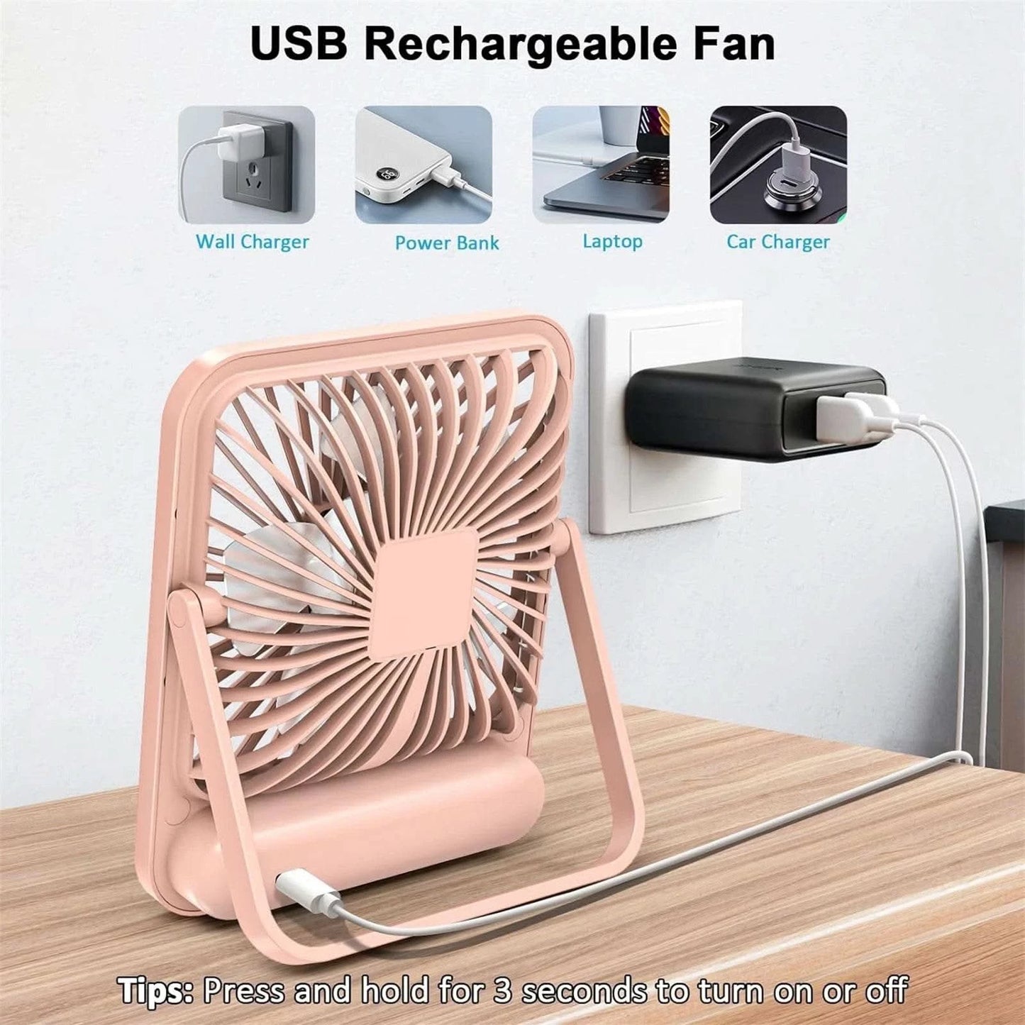 Desk Fan, Portable USB Rechargeable Fan, 180° Tilt Folding Personal Fan With Power Display, 5 Speeds Ultra Quiet Table Fan - M & M Global