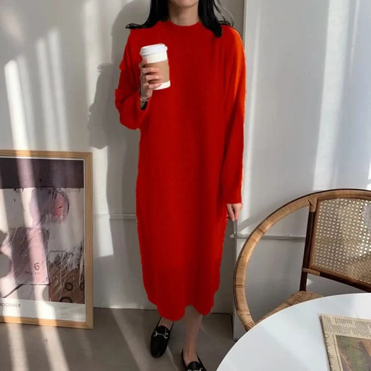 REALEFT Autumn Winter 2023 New O-Neck Casual Loose Knitted Dress Female Straight Long Sleeve Oversize Sweater Womens Long Dress - M & M Global