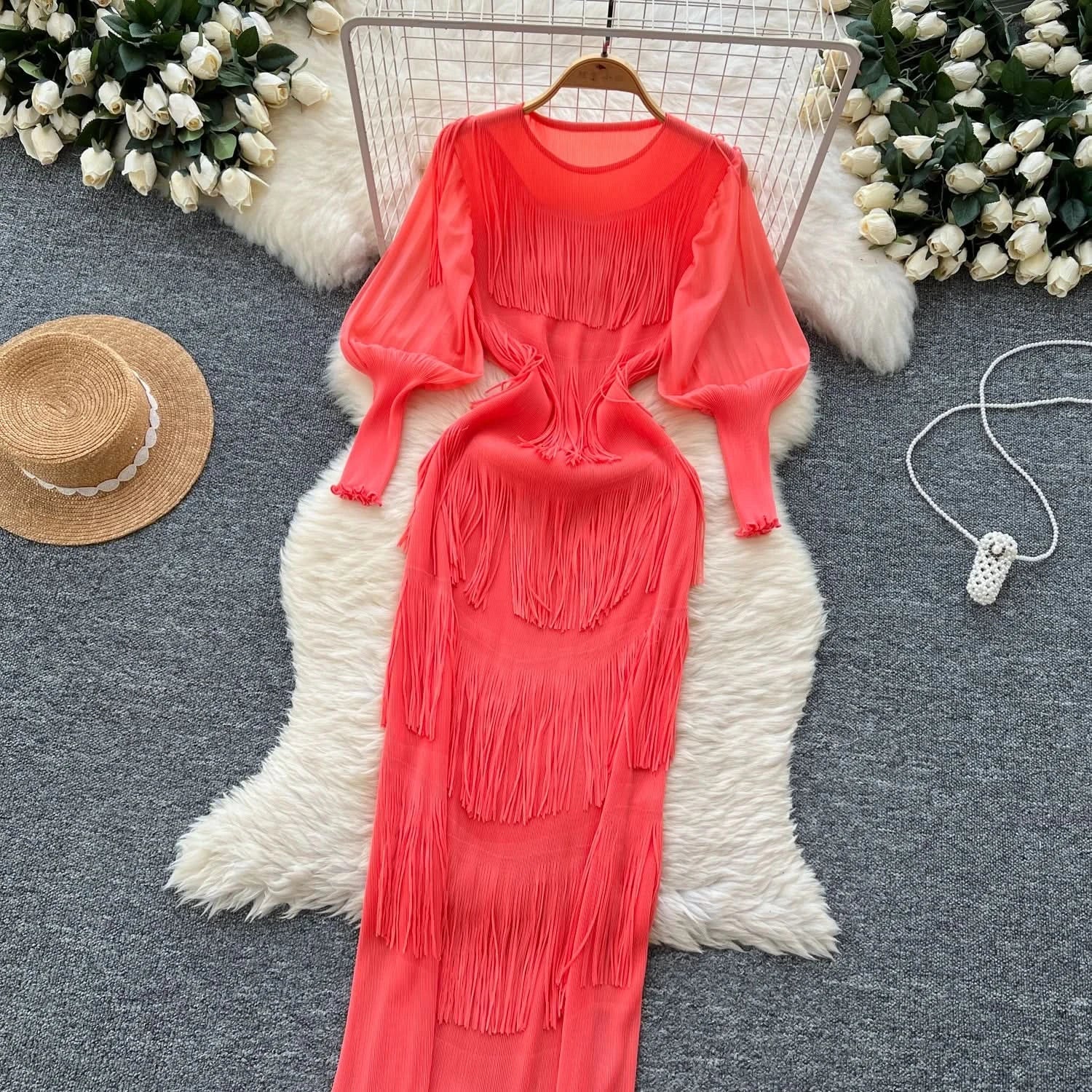 Vintage O-Neck Elegant Long Lantern Sleeve Chic Tassel Slim Long Dress French Fashion Evening High Street Autumn Winter Clothing - M & M Global