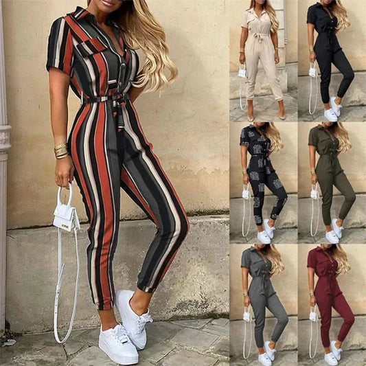 Women's Monochromatic Belt Workwear Jumpsuit, Casual Pants, Flip Collar, Buckle, European and American, Summer, 2024 - M & M Global
