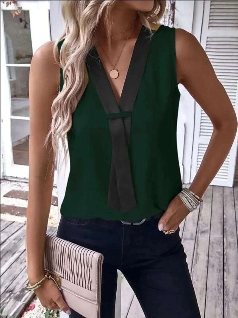 Elegant Women's Blouse Tees 2023 Summer Fashionable Style V-Neck Panel Sleeveless Top Lady Shirt S-XXXL - M & M Global