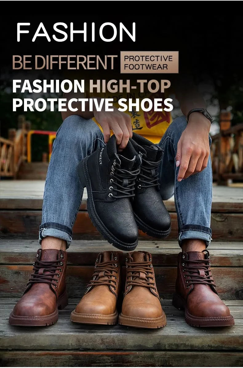 Men's Waterproof Steel Toe Work Boots High-Top Safety Shoes Slip Resistant Protective Boots Indestructible Comfort Arch Support