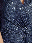Luxury Blue Floor Length V-Neck Evening Dresses Women Elegant Wedding Party Maxi Sequins Short Sleeves Prom Cocktail Gowns