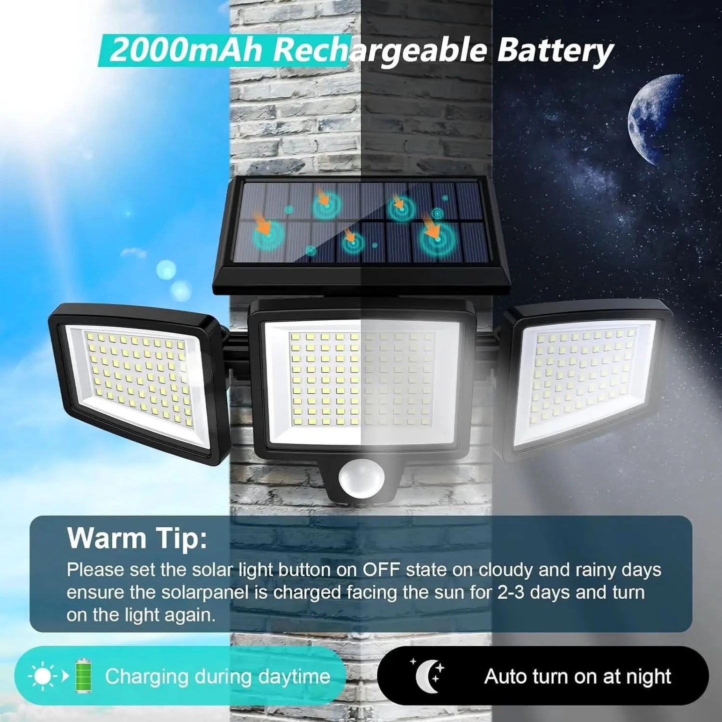 IP65Waterproof Triple Head Outdoor Solar Light, 210LED 2500LM Motion Sensor Safety Light for Porch, Garage, Yard Entrance, Patio - M & M Global