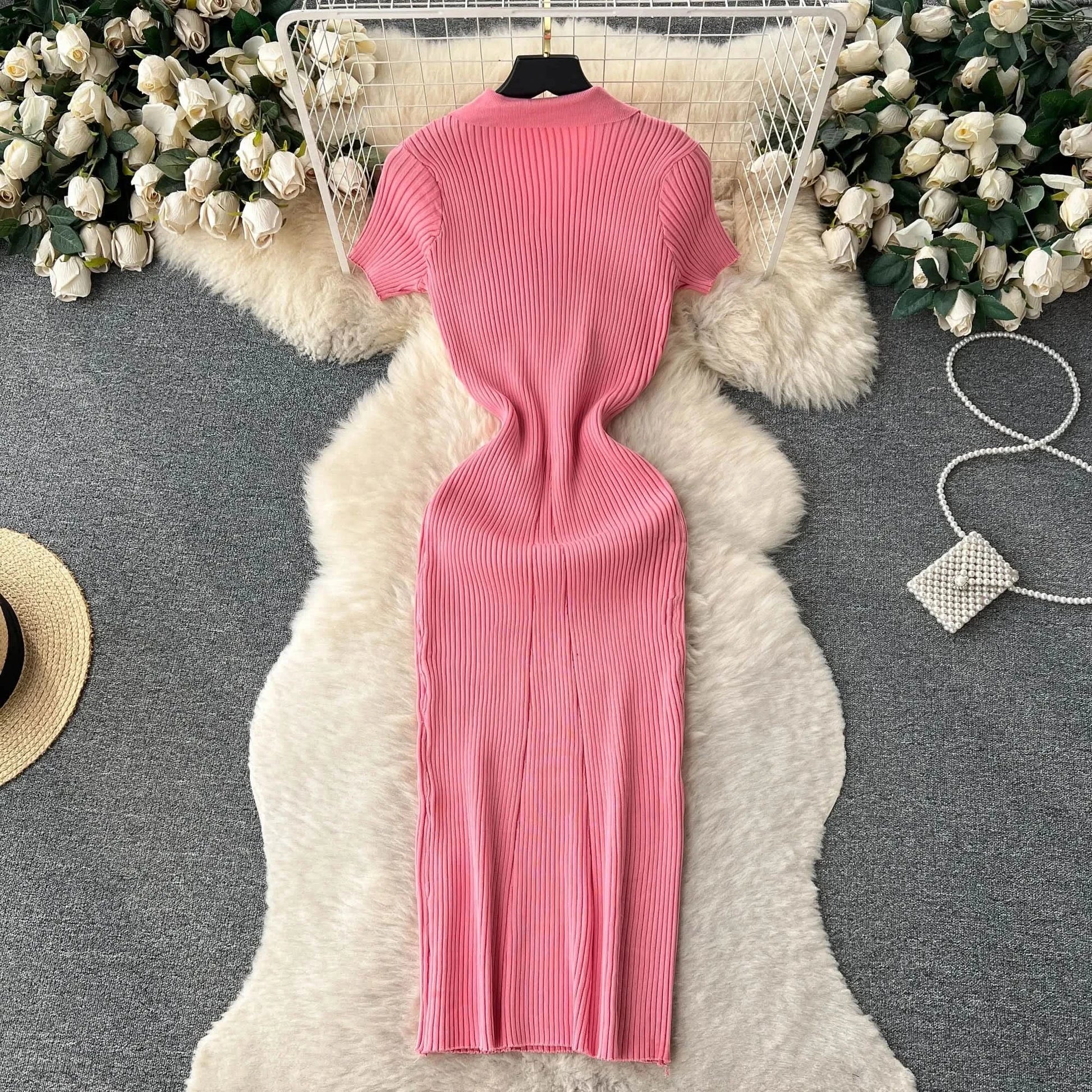 Summer Elastic Women Solid Knit Dress Summer Rose Red Retro Loose Sundress Sets 2024 bodycon Streetwear Sheer Beach Long Dress - M & M Global
