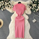 Summer Elastic Women Solid Knit Dress Summer Rose Red Retro Loose Sundress Sets 2024 bodycon Streetwear Sheer Beach Long Dress - M & M Global