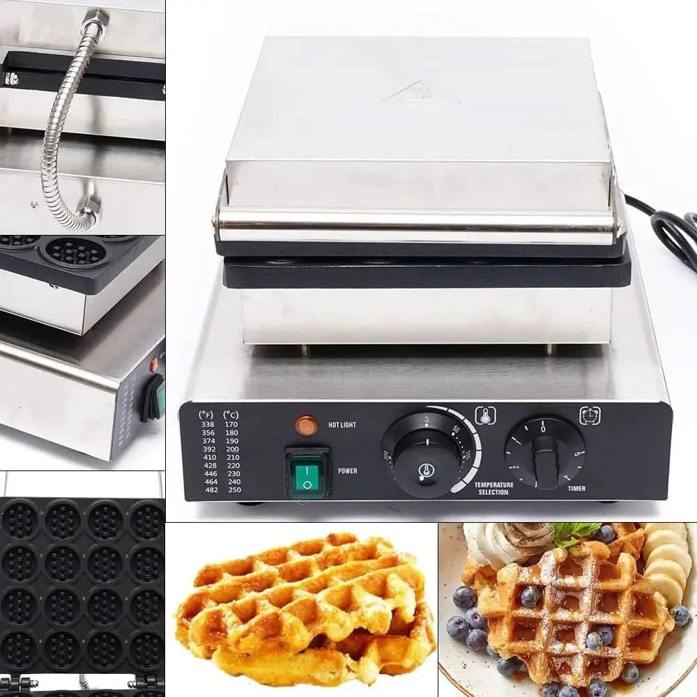 Commercial Belgian Waffle Maker 16 Pcs Round Belgian Waffle Maker 1750W Professional Non-stick Stainless Steel Waffle Iron with - M & M Global