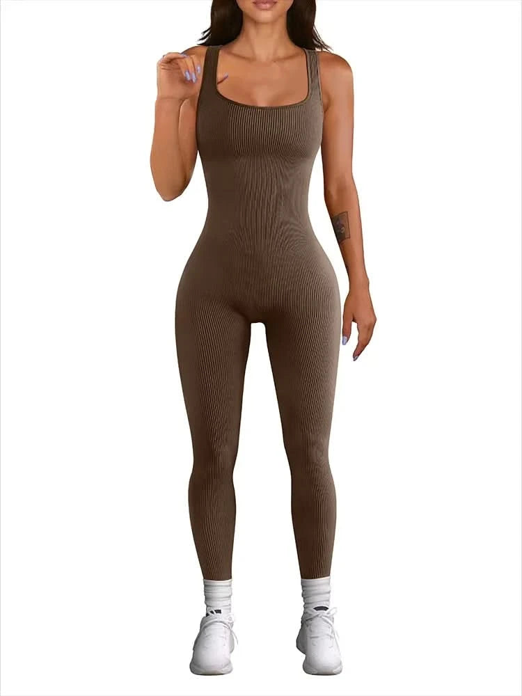 Women's Sleeveless Yoga Jumpsuit Exercise Ribbed Square Neck Vest High Waist  Fitness Sports One-piece Yoga Suit - M & M Global