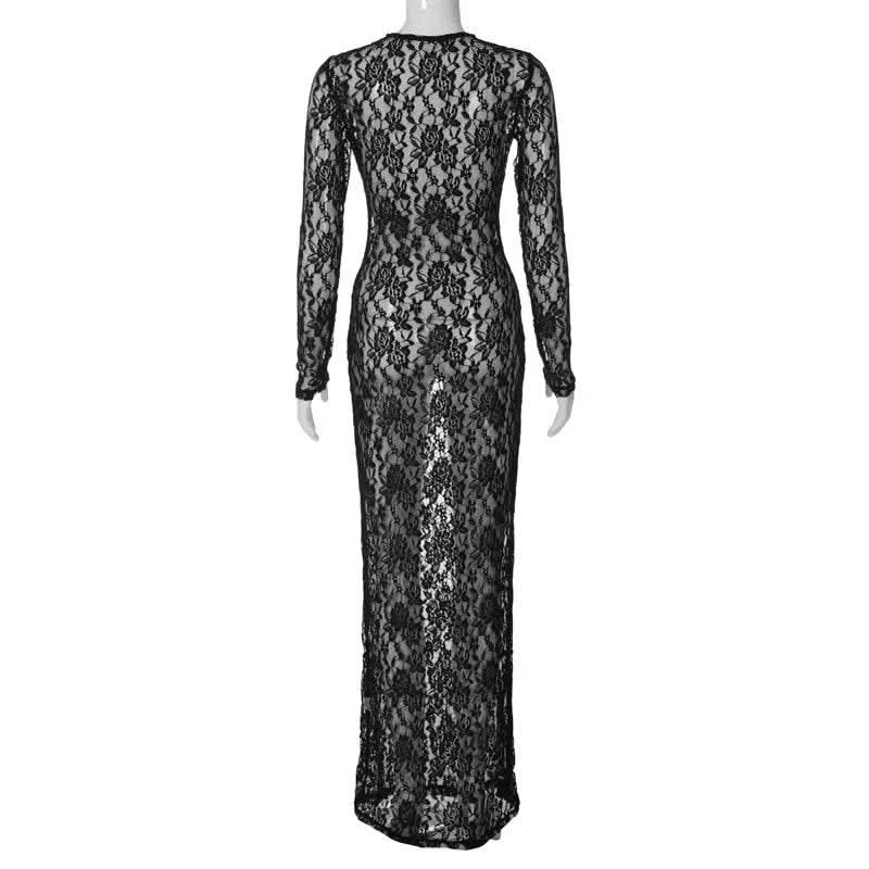Autumn Fall Women Sexy Lace See Through Streetwear Bodycon Black Long Dress Wholesale Items For Business - M & M Global