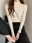 Autumn Winter Mock Neck Women Sweater Vintage Basic Solid Knitted Tops Casual Slim Pullover Korean Sweaters Simple Chic Jumpers